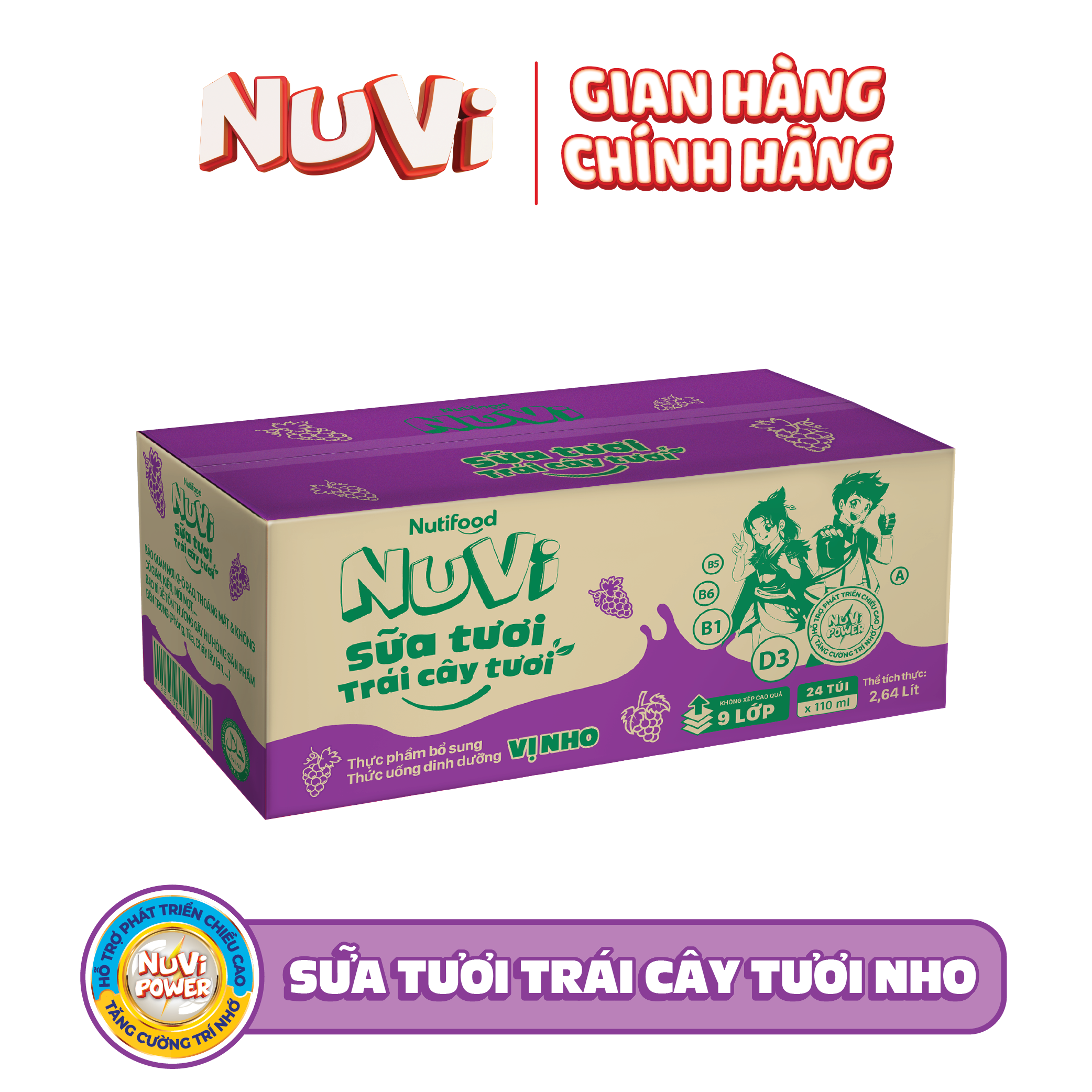 (CÓ THẺ ĐỔI QUÀ) Thùng 24 túi NuVi Sữa Tươi Trái Cây Tươi Nho túi NuVi Power 110 ml - Thương Hiệu NUTIFOOD - YOOSOO
