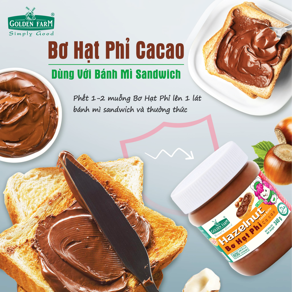 Bơ hạt phỉ ca cao hazelnut golden farm 170g