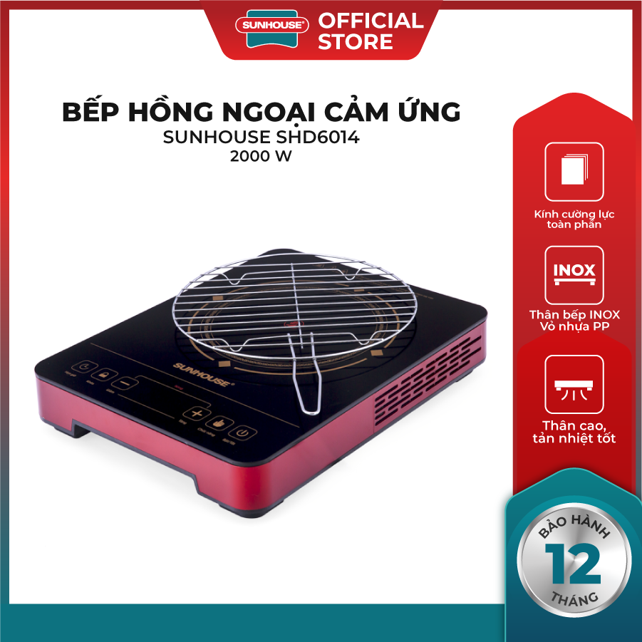 Bếp Hồng NgoạI Cảm Ứng SUNHOUSE SHD6014 - Công Suất 2000W - Kính Cường Lực Toàn Phần - Thân Bếp Inox - Vỏ Nhựa PP - Thân Cao - Tản Nhiệt Tốt - Hàng Chính Hãng