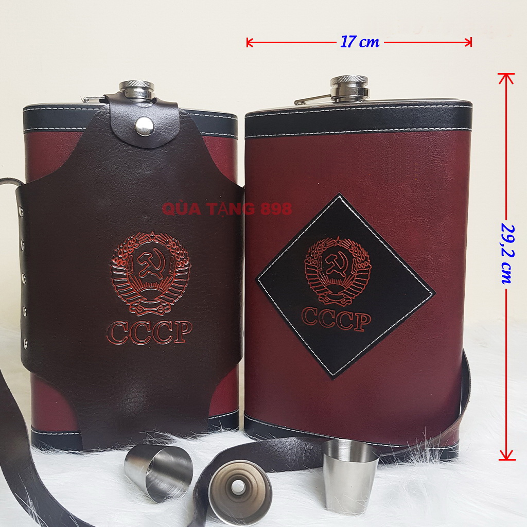 Bình inox đựng rươu cccp bọc da đỏ 2 lít