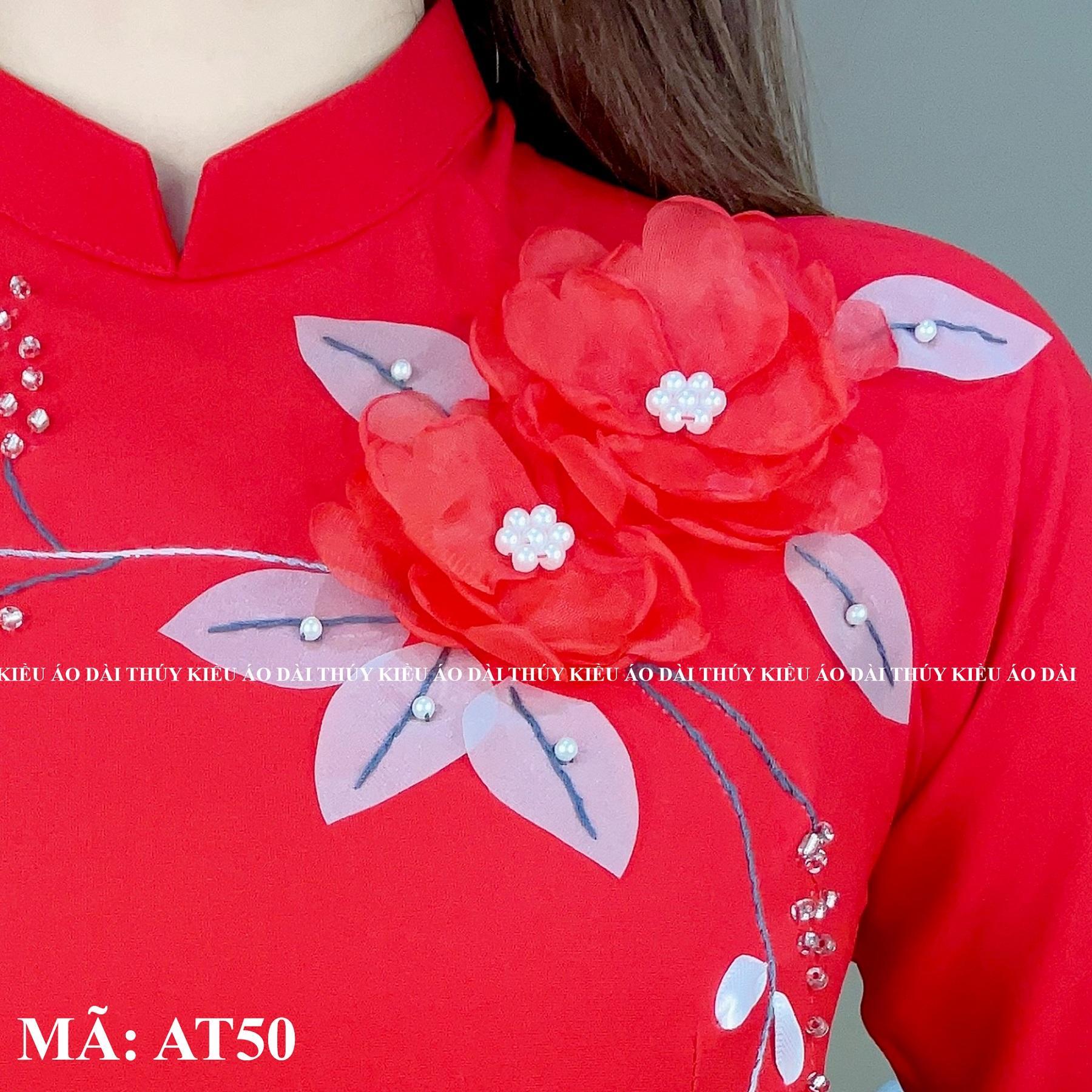 AT50 Áo dài Thuý Kiều lụa mỹ nền đỏ đính hoa voan đỏ truyền thống may sẵn dự tiệc hội họp đám cưới