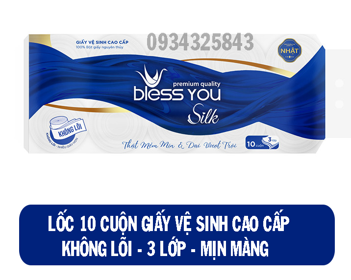 Lốc 10 cuộn giấy vệ sinh Bless you Silk không lõi - giấy 3 lớp