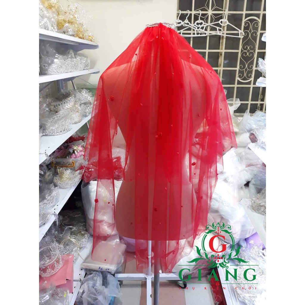 Voan đỏ cài tóc cô dâu đính hoa nhỏ nhẹ nhàng Giangpkc