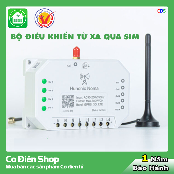 Công tắc ĐIỀU KHIỂN TỪ XA QUA SIM - Hunonic Noma 4 Kênh 500W/kênh - HẸN GIỜ, BẬT TẮT bằng điện thoại, không cần WIFI