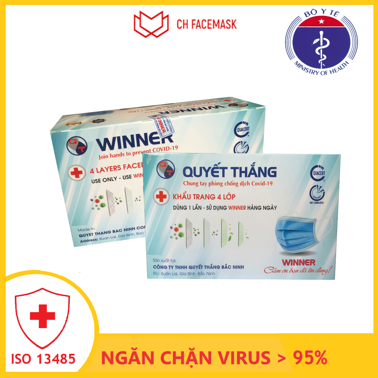 Combo 2 hộp khẩu trang y tế 4 lớp Winner (Hộp 50 Cái) kháng khuẩn lọc bụi, có tem niêm phong, đạt tiêu chuẩn Của Bộ Y Tế, sản xuất theo công nghệ Nhật Bản, đảm bảo an toàn, 4 màu (Trắng, Xám, Xanh)