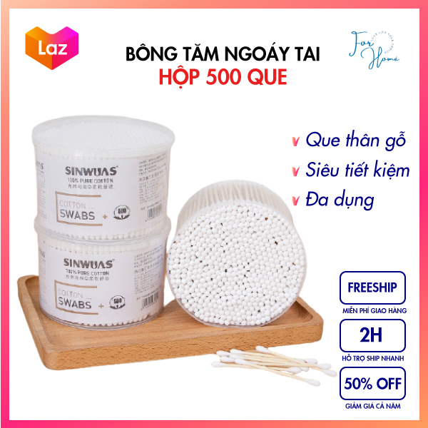 ⚡500 QUE THÂN GỖ⚡ Bông Ngoáy Tai, Bông Tăm Người Lớn Hộp Nhựa Siêu Hời Hàng Loại 1