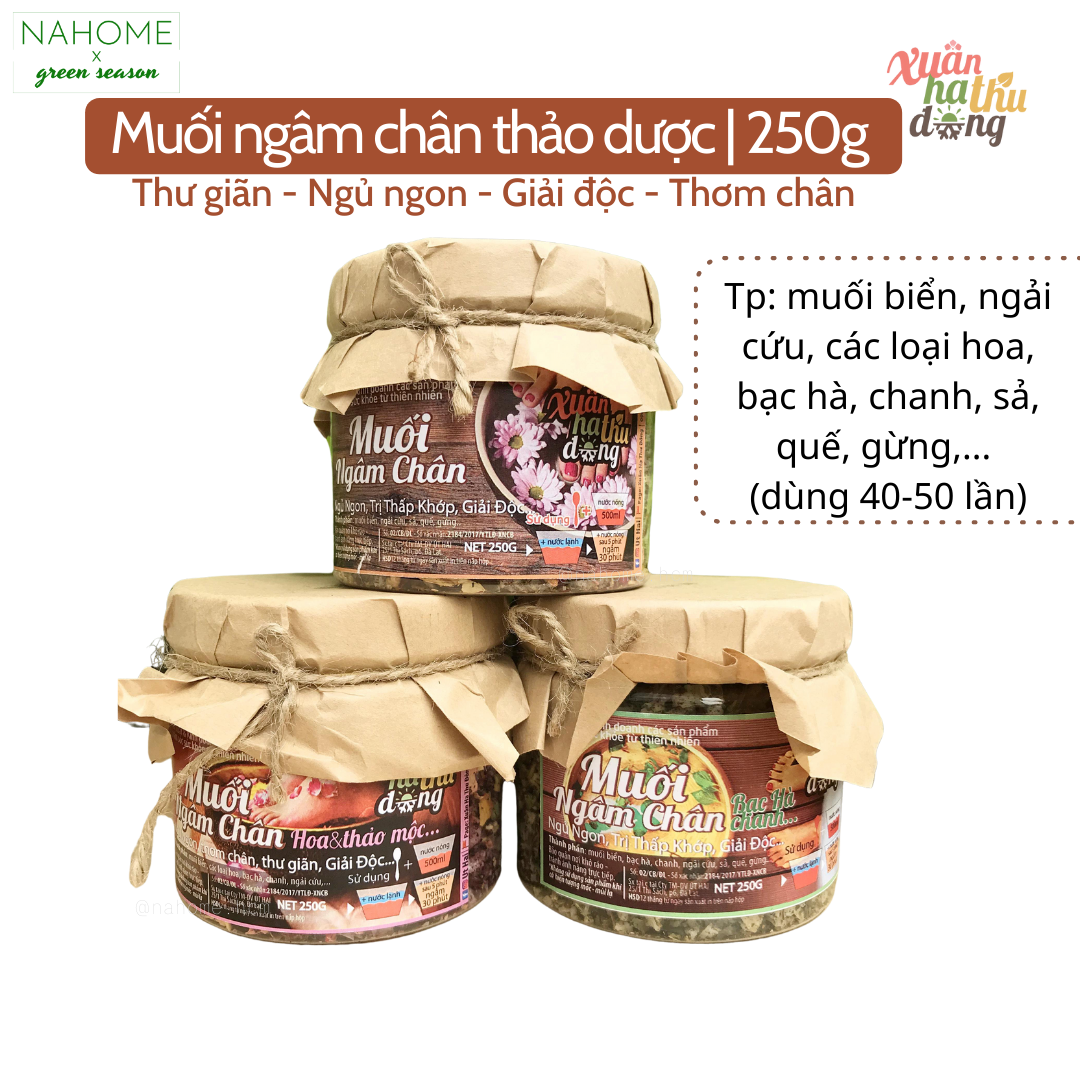 Muối ngâm chân thảo mộc Xuân Hạ Thu Đông (Đà Lạt 1893) giúp thư giãn, ngủ ngon, thơm chân, giải độc - Hộp 250gr (dùng 40-50 lần) Nahome