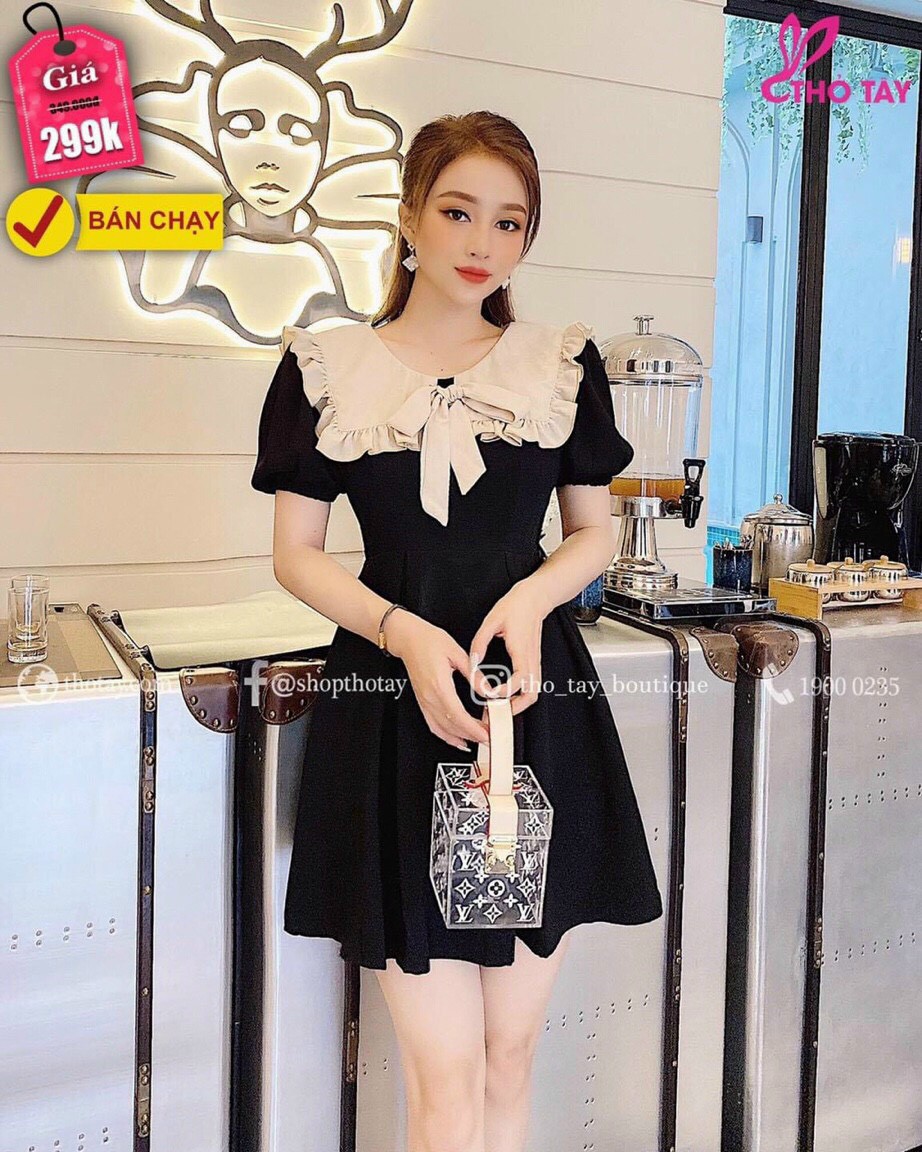 Váy đầm nữ màu đen cổ viền vuông sang chảnh đi tiệc