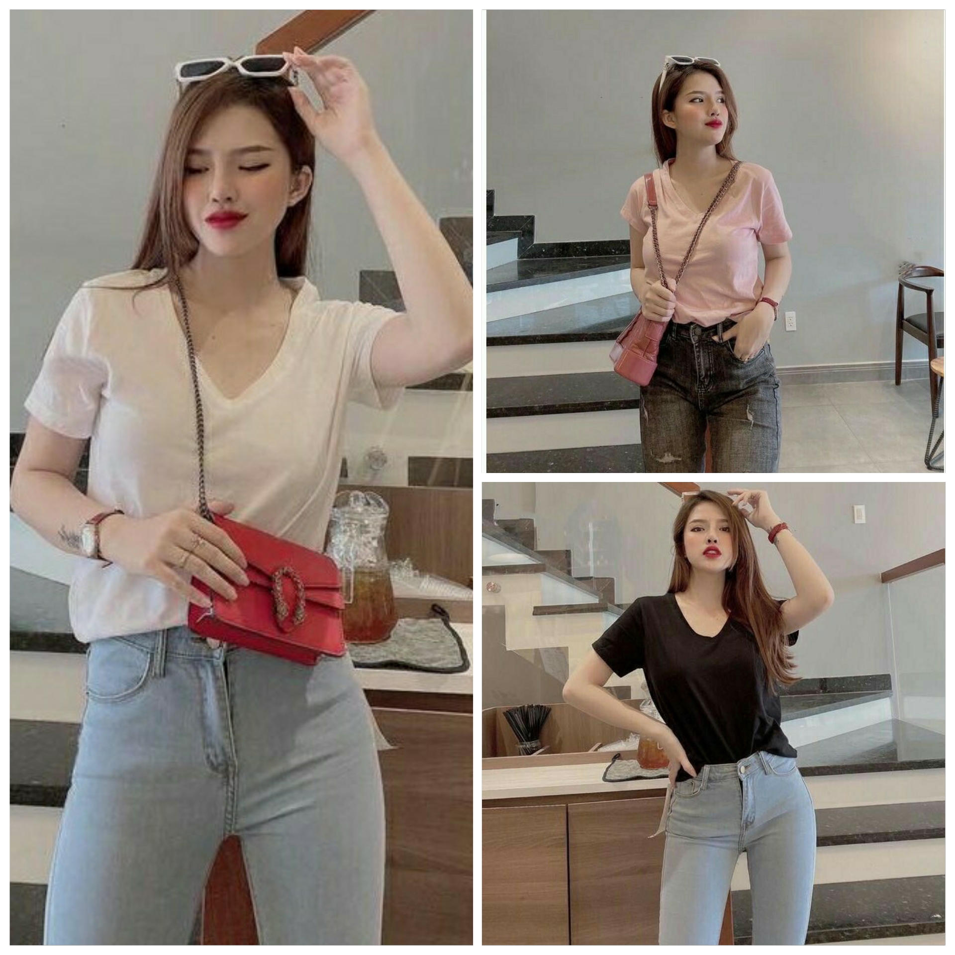 Áo thun cotton trơn cổ tim - Áo thun nữ GAP cổ V mềm mịn, siêu mát