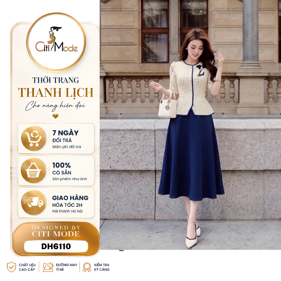 Citi Mode Fashion Office Dress Designed with Blue and Black Peplum Flared Dress with Cream Lace and Floral Embellishments on the Shoulders and Sleeves Dh6110