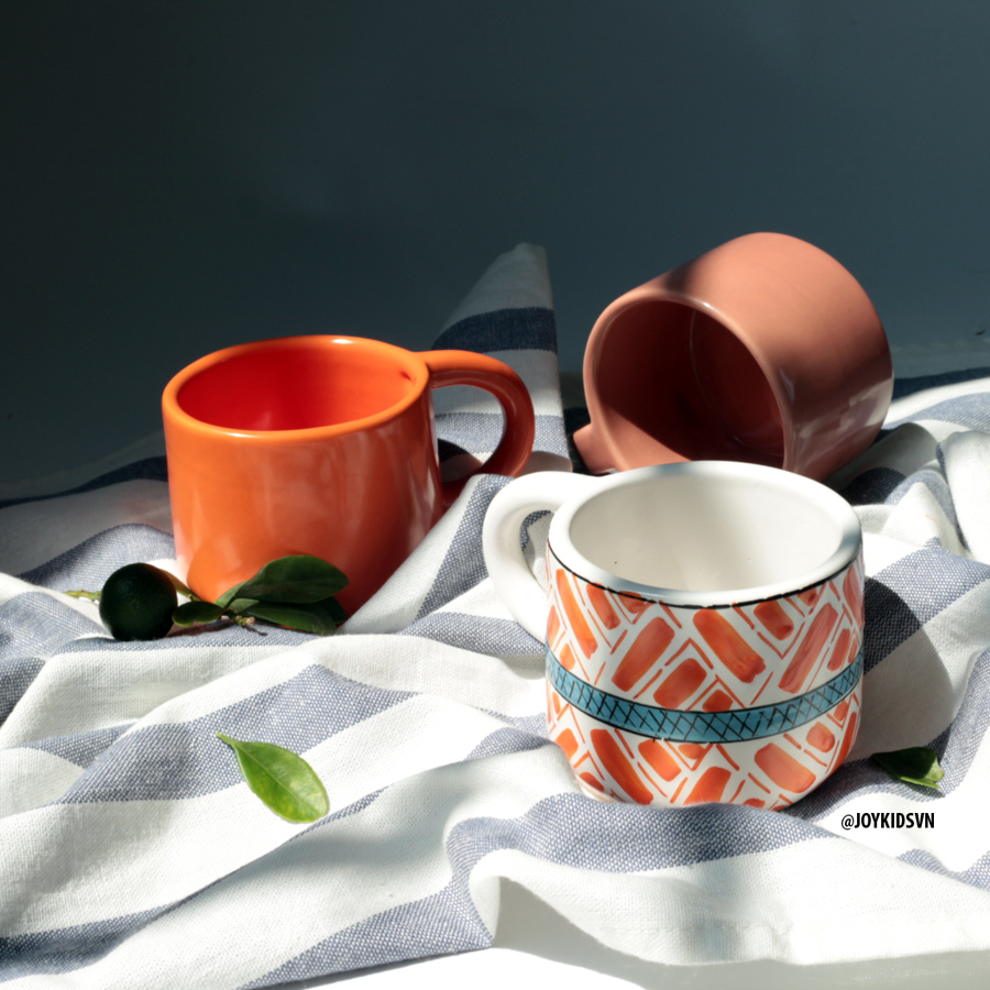 Ly gốm trắng cam viền xanh / Cốc gốm trắng cam viền xanh - White orange ceramic cup with blue line | Traditional Vietnamese Ceramic Mug