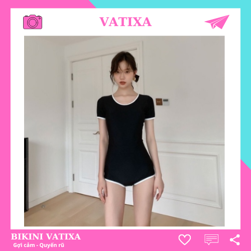Đồ bơi nữ Bikini 1 mảnh cài khoá sau khoét lưng màu đen viền trắng VATIXA BKN123