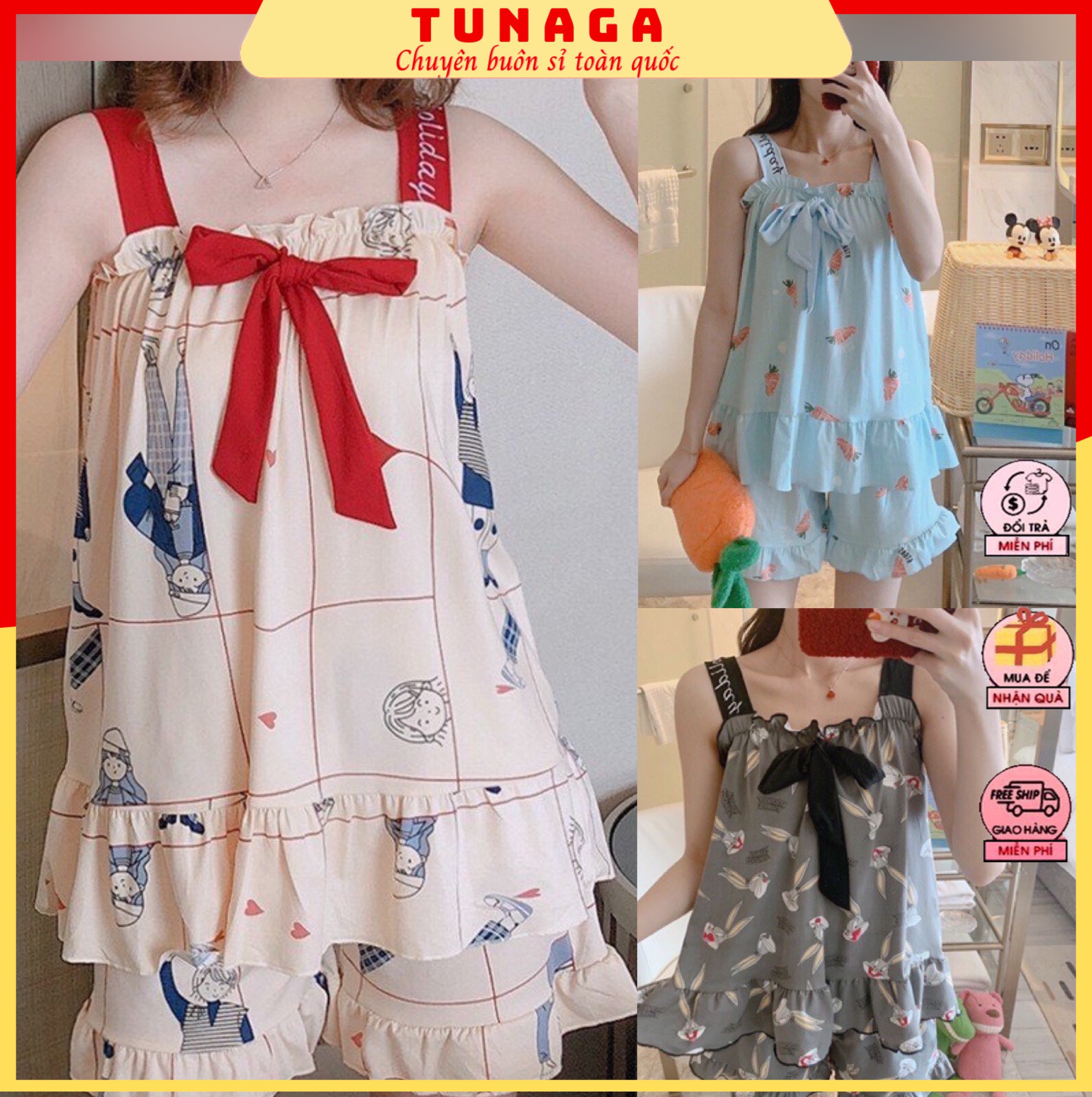 Bộ ngủ áo 2 dây-bộ đồ nữ mặc nhà siêu cute-bộ đồ nữ vải cotton nhiều hình cute
