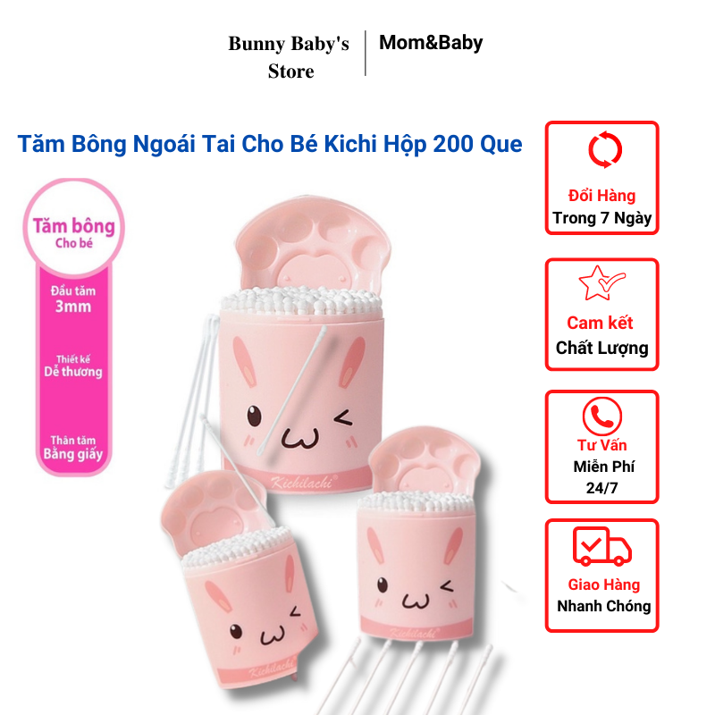 Tăm Bông Ngoáy Tai Cho Bé, Tăm Bông Cho Bé Sơ Sinh Kichi Thân Giấy 200 Que - Bunnybabystore