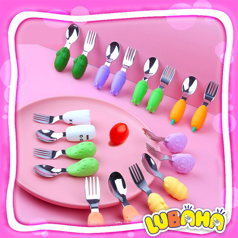 [CAO CẤP] Set thìa dĩa tập xúc cán ngắn BABY ABOUT, muống nĩa cán ngắn silicone an toàn cho bé, Thìa dĩa cho bé ăn dặm Lubaha