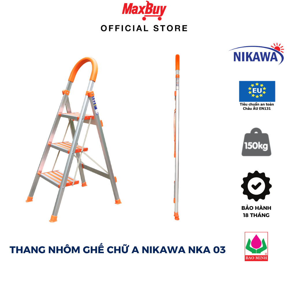 Thang nhôm ghế 3 bậc gấp gọn Nikawa Chắc chắn Thiết kế bắt mắt Có tay vịn thang thắp nhang Bảo hành 18 tháng