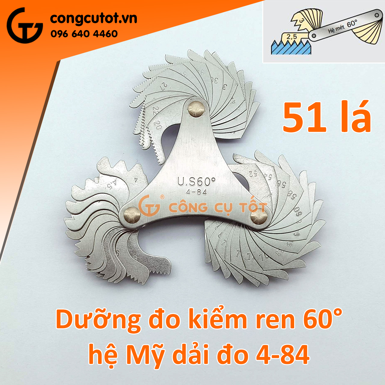 Bộ thước dưỡng đo ren - thước đo taro tạo ren 60° hệ Mỹ 51 lá dải đo 4-84 bước ren mỗi inch