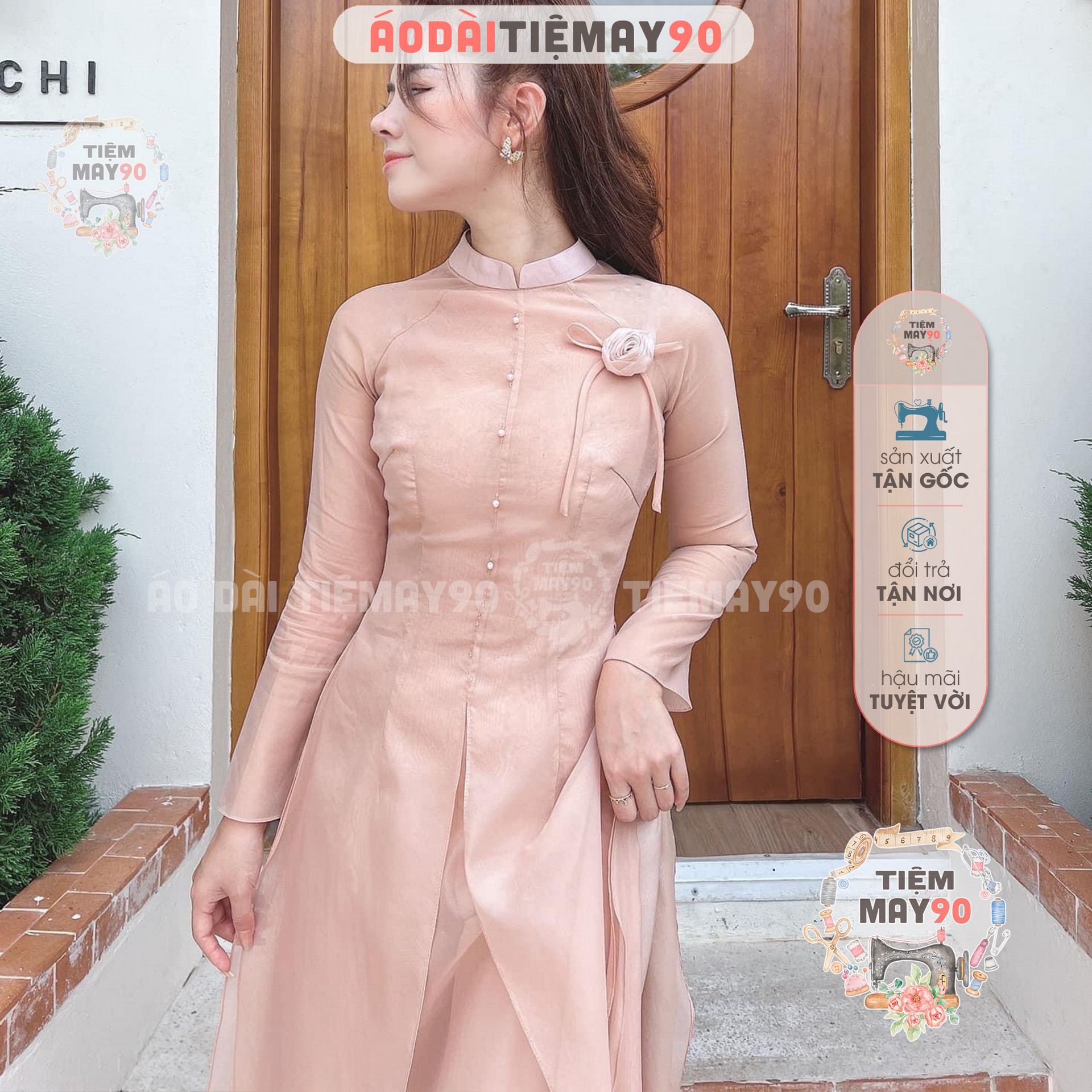 Áo dài cách tân nữ Tú Lệ hồng đỏ đô Tiệm 90 may sẵn lụa tơ xẻ 4 tà đính hoa nơ dự tiệc cưới lễ tết đẹp AD90144