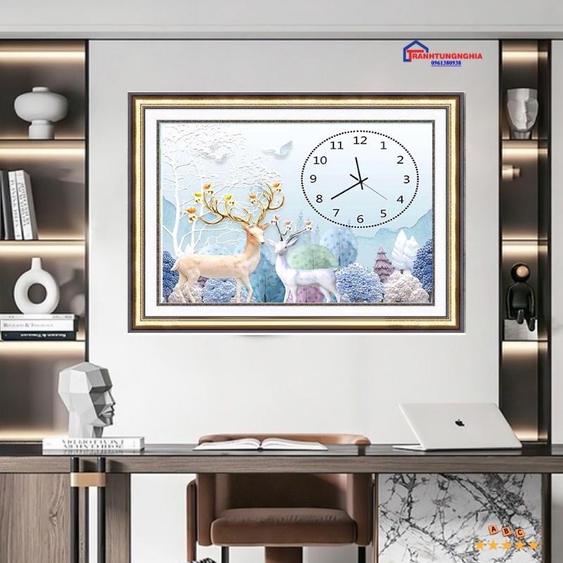 Tranh đính đá, tranh thêu chữ thập đồng hồ hươu nai tài lộc