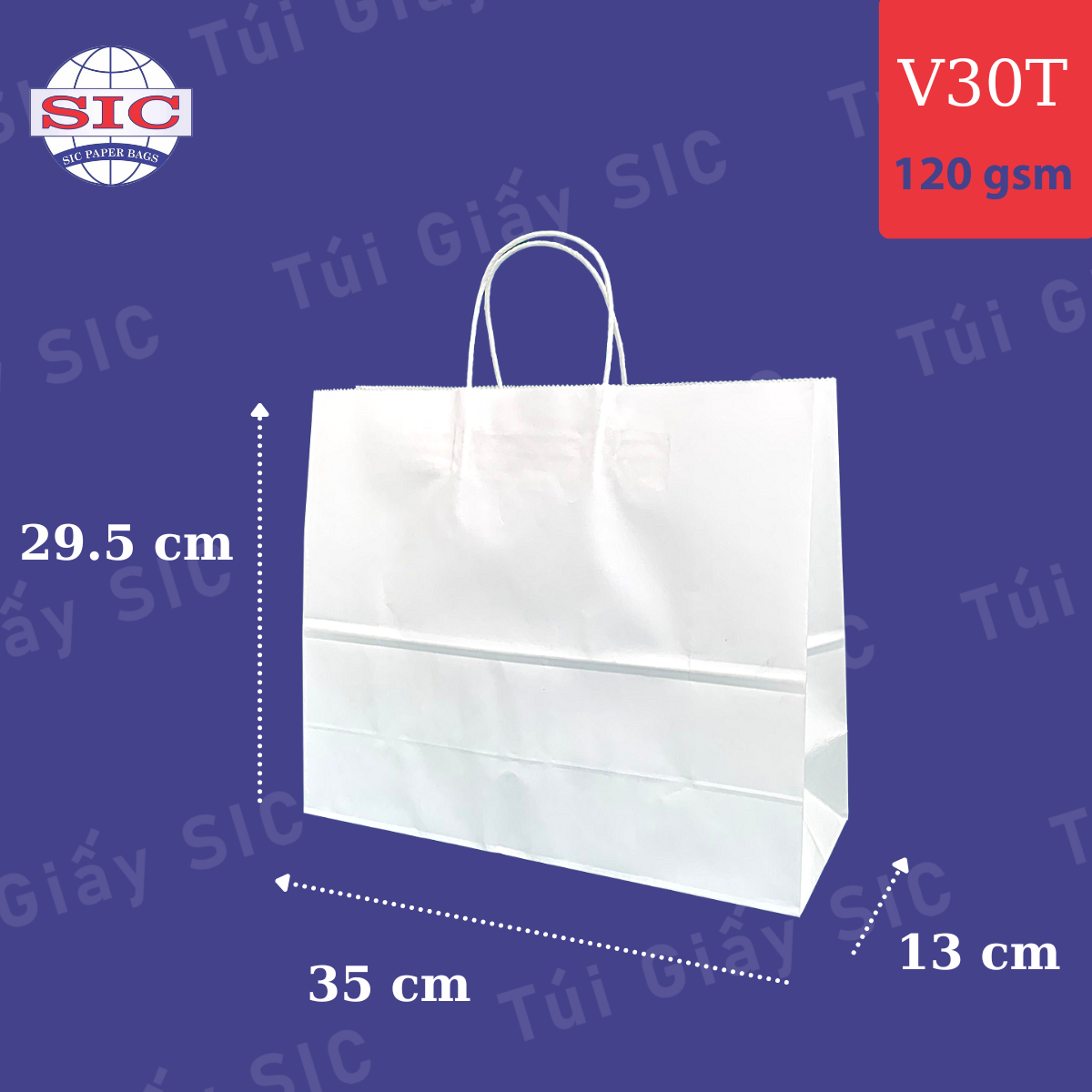 Túi giấy kraft v30 trắng: 35x 15 x29.5 có quai