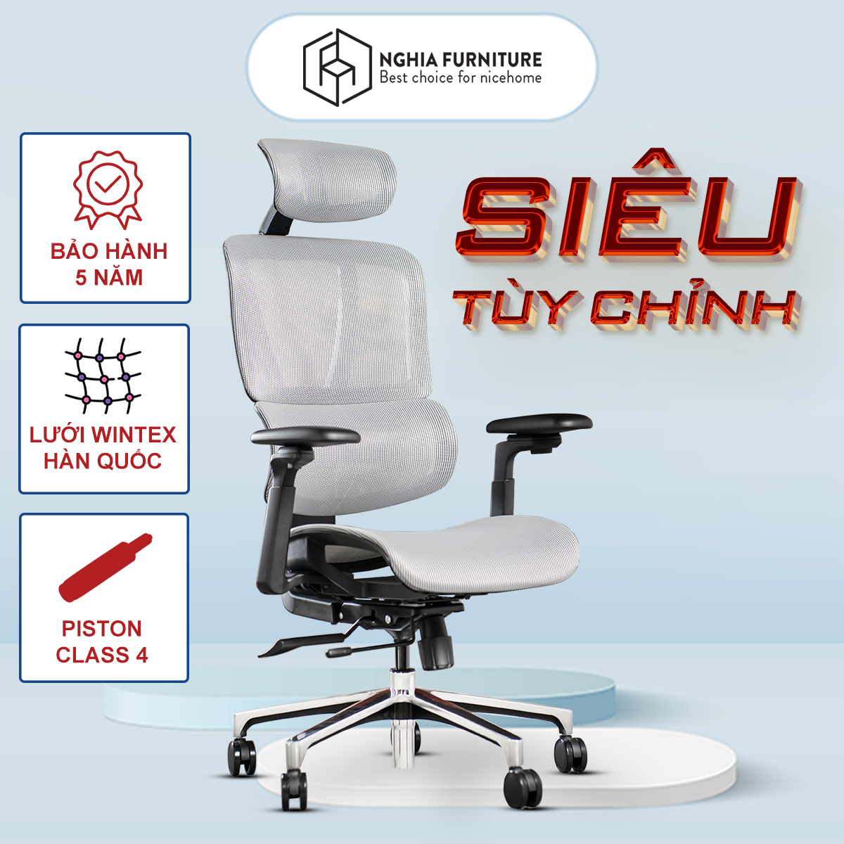 Ghế Công Thái Học NghiaFurniture Lumbar Bảo hành 5 năm Ghế xoay văn phòng làm việc nhiều tính năng khủng Ngả ghế 135 độ Piston class 4 tựa đầu 3D tay vịn 3D tựa lưng 2D điều chỉnh 5 cấp độ