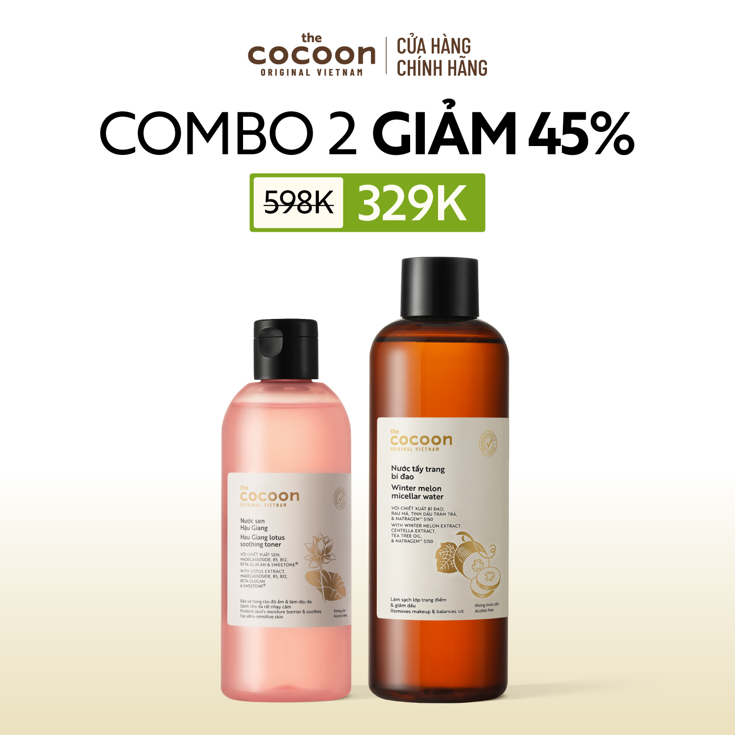 COMBO 1 Bigsize Nước tẩy trang bí đao 500ml +  Nước sen Hậu Giang (toner) Cocoon giúp phục hồi đa nhiệm cho da rất nhạy cảm 310ml