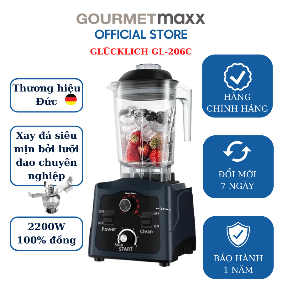 (chính hãng) Máy xay sinh tố công nghiệp GLUCKLICH 2L 2200W GL-206C - Thương hiệu GLÜCKLICH của Đức- có hẹn giờ