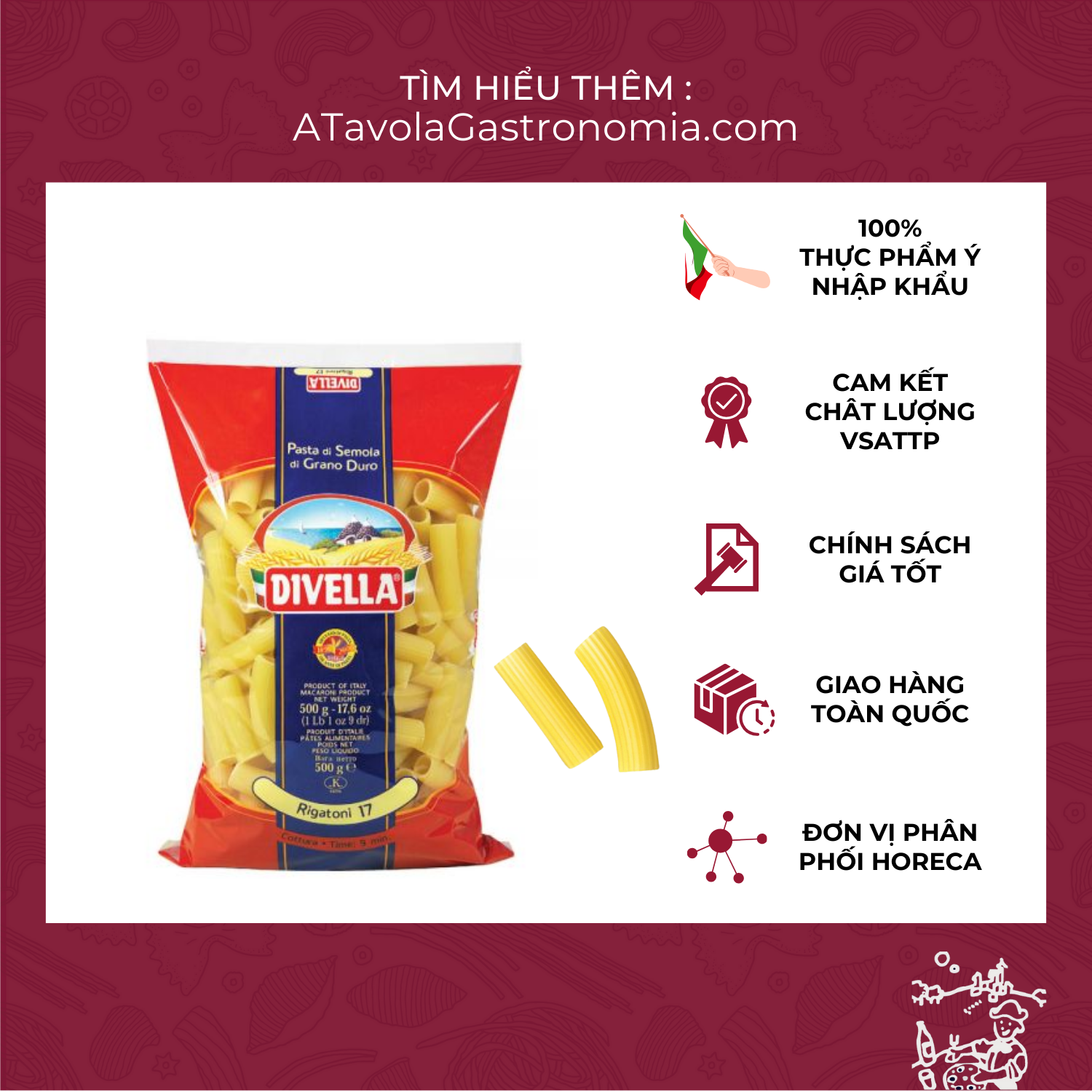 Mì ý nui rigatoni rigati ống divella gói 500g