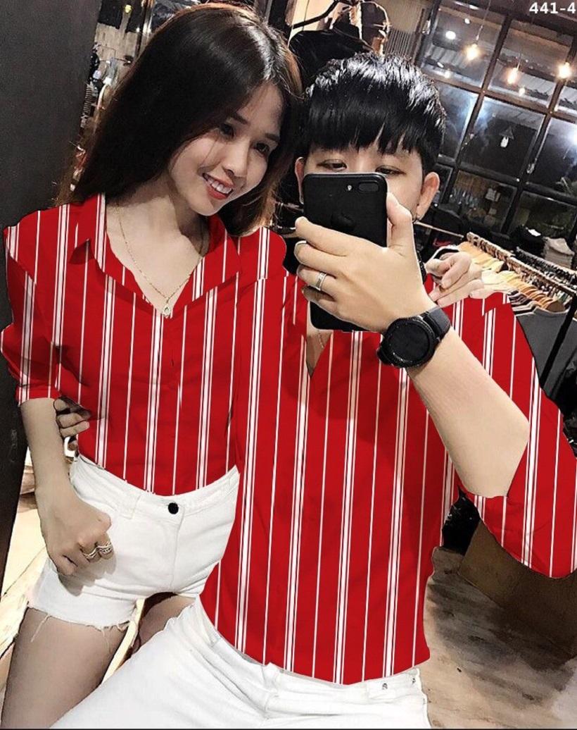 Áo sơ mi nam nữ kate lụa sọc đỏ thời trang