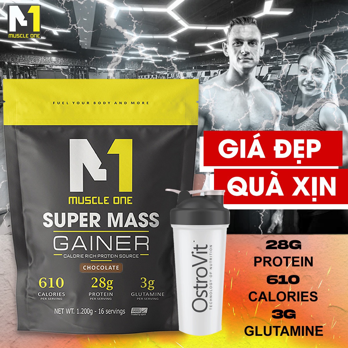 Sữa tăng cân super mass, tăng cân tăng cơ muscle one 1,2kg - gym and food- hỗ trợ phục hồi cơ tốt