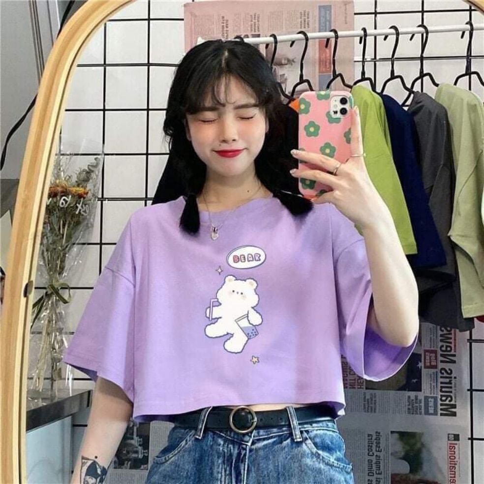 [HCM]Áo croptop tay lỡ bear xinh xắn