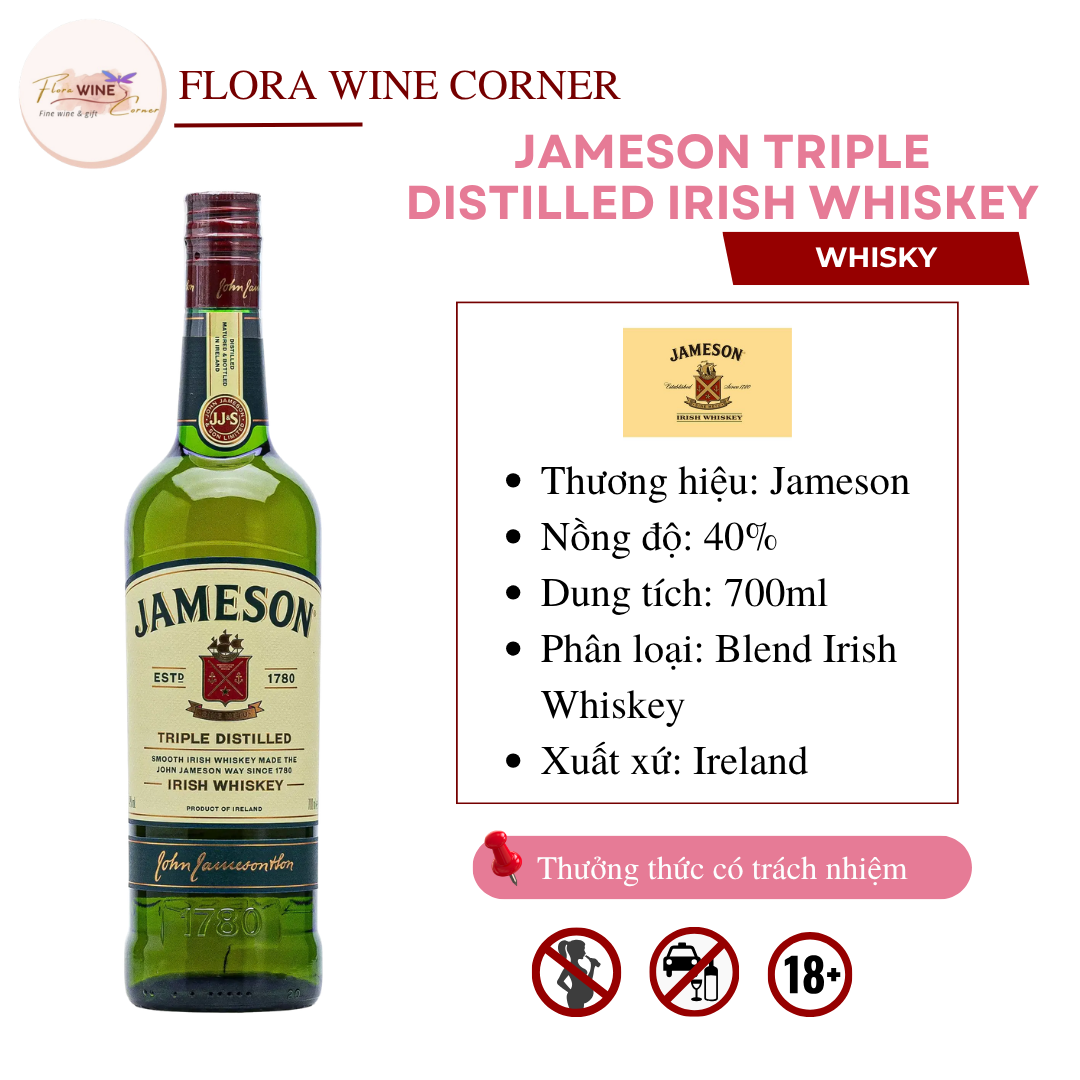 Rượu mạnh Whisky Ireland Jameson Triple Distilled – Nồng độ 40% Alc, 700ml - Nhập khẩu Chính Hãng