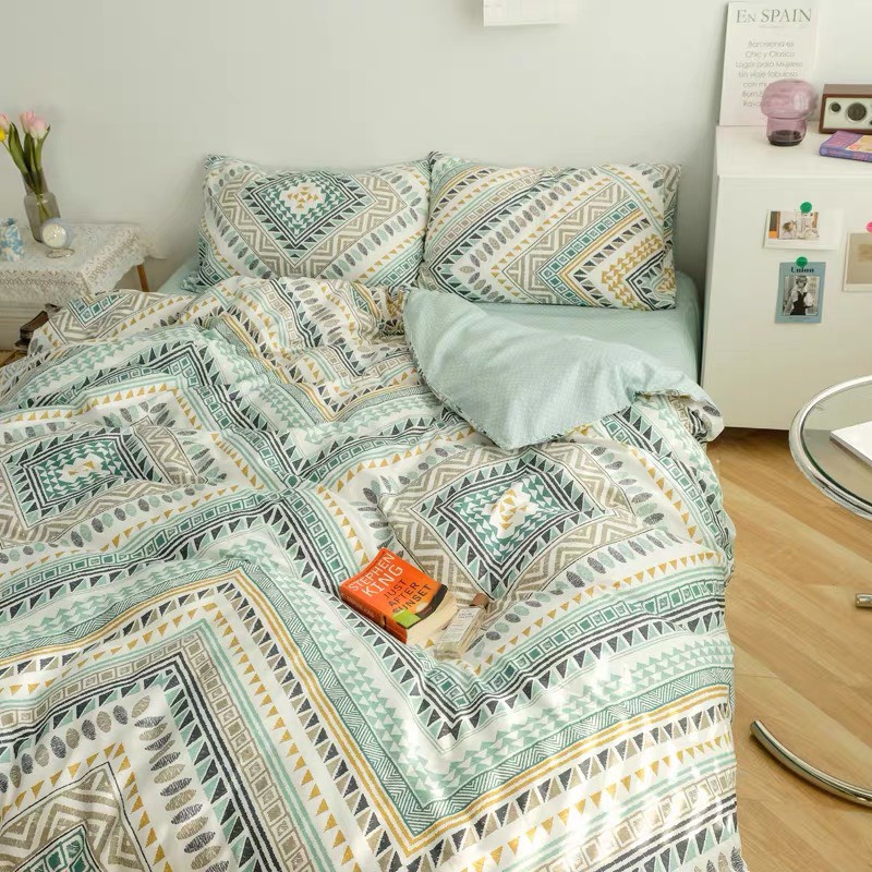Bộ chăn ga gối Cotton Poly thổ cẩm xanh LIDACO sét ga giường 4 món vỏ chăn