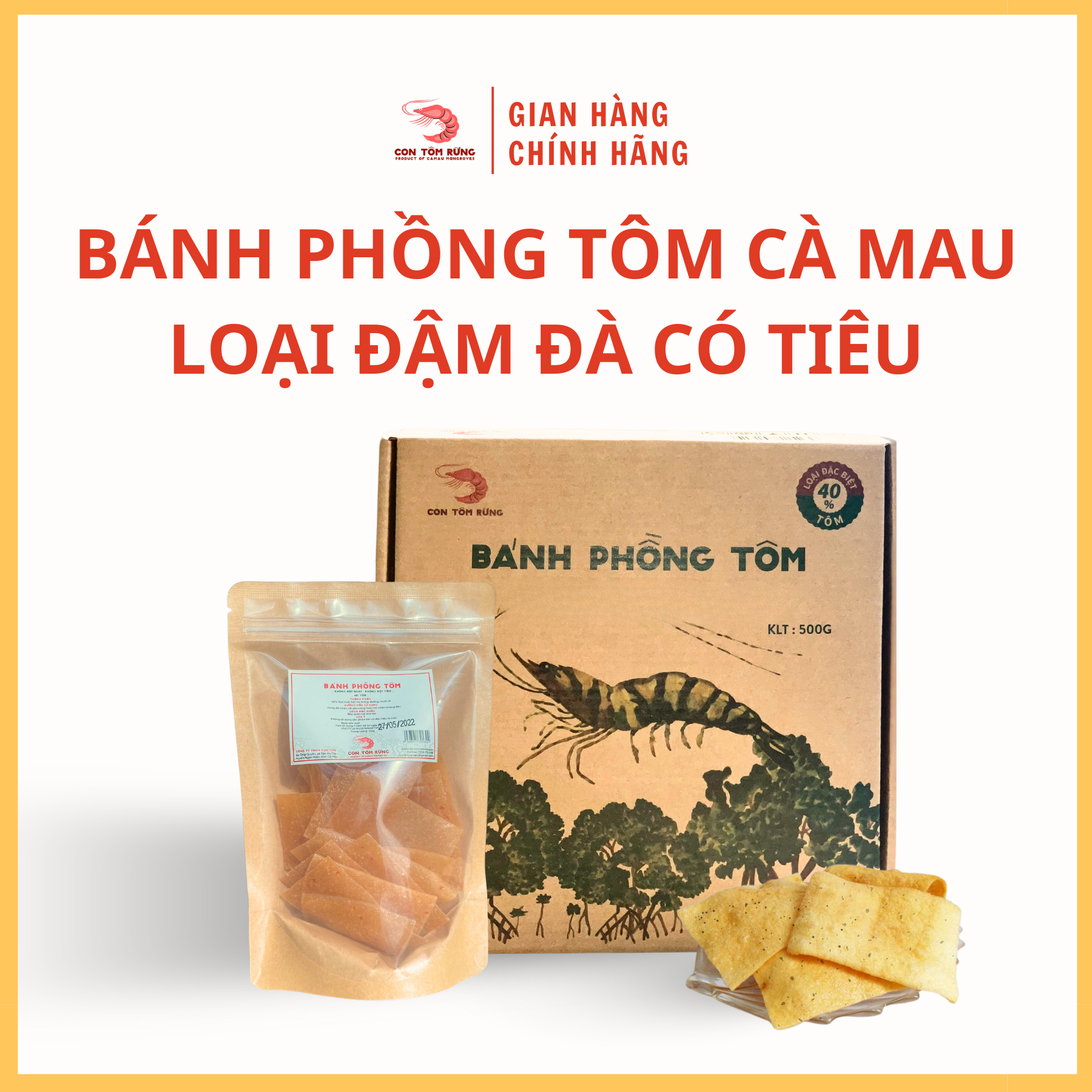 Bánh phồng tôm Cà Mau đặc biệt 40% tôm - Loại đậm đà có tiêu - Con Tôm Rừng