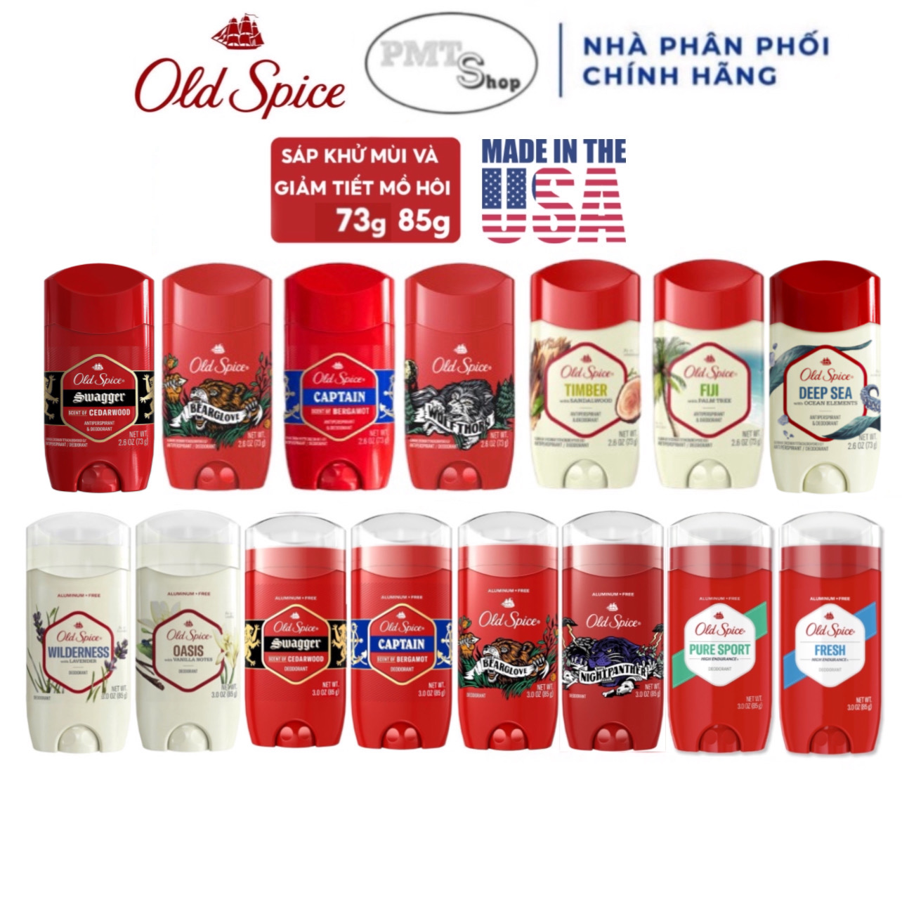 (NK Mỹ) Lăn sáp khử mùi Old Spice 85g Pure Sport Fresh Wilderness Oasis Nightpanther Swagger 73g Timber Bearglove Fiji Wolfthorn Captain Deep Sea
