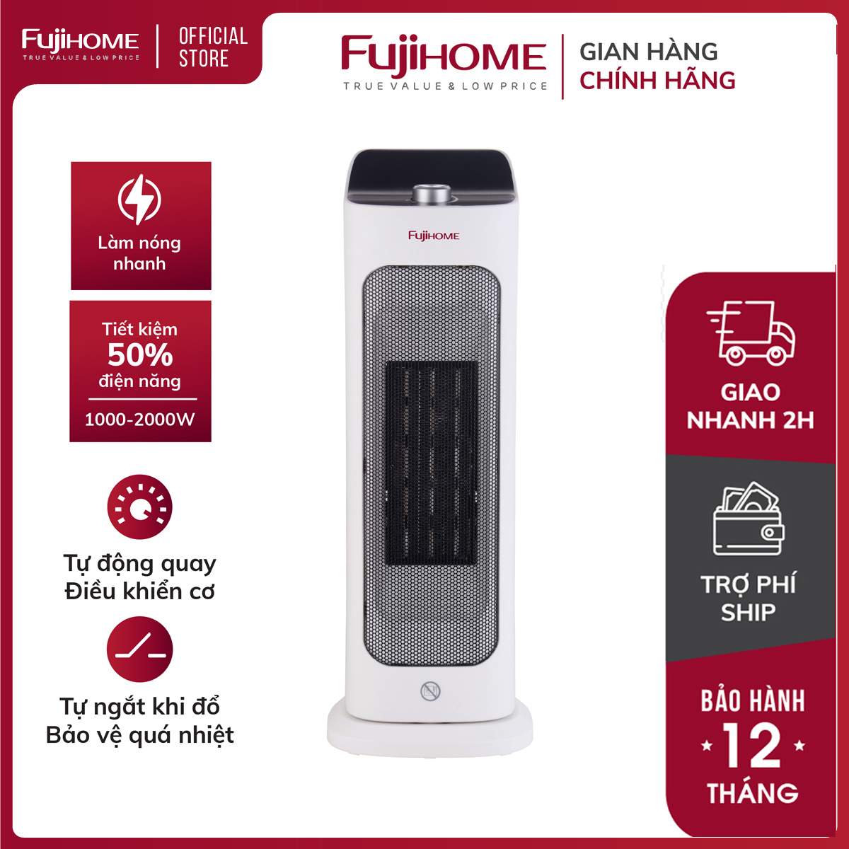 Máy sưởi gốm không khô da mini để bàn nhập khẩu FUJIHOME FH1000 , quạt sưởi ấm điện không đốt oxi, không khô da, không phát sáng tự ngắt an toàn - Bảo hành 1 năm
