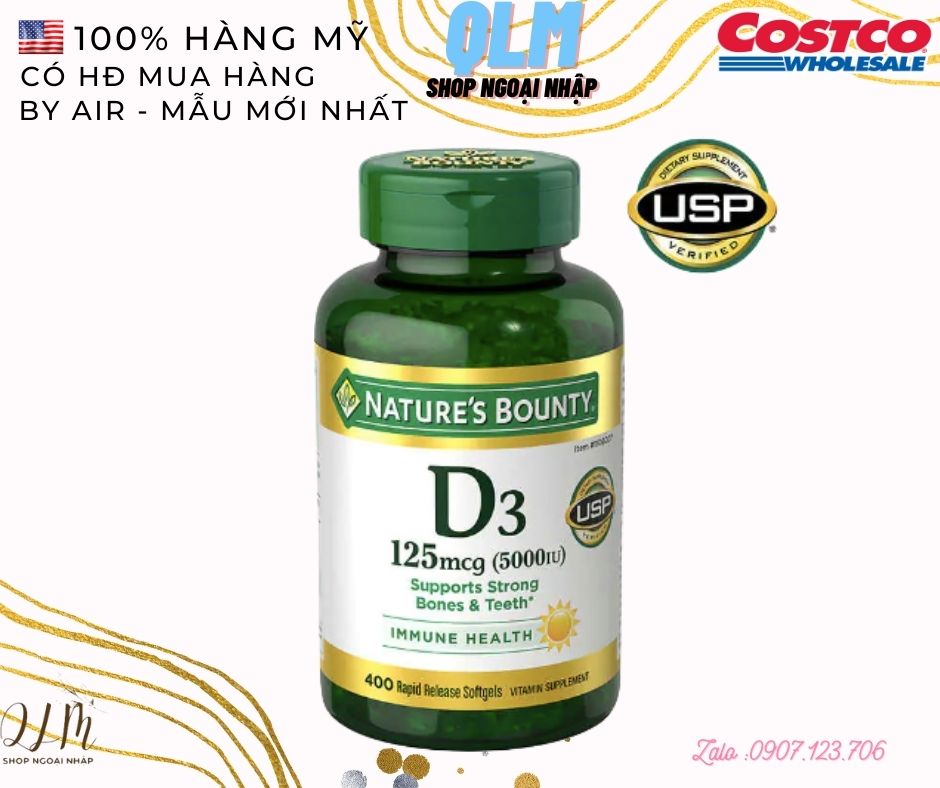 Viên uống bổ sung vitamin d3 nature’s bounty 125 mcg 400 viên.