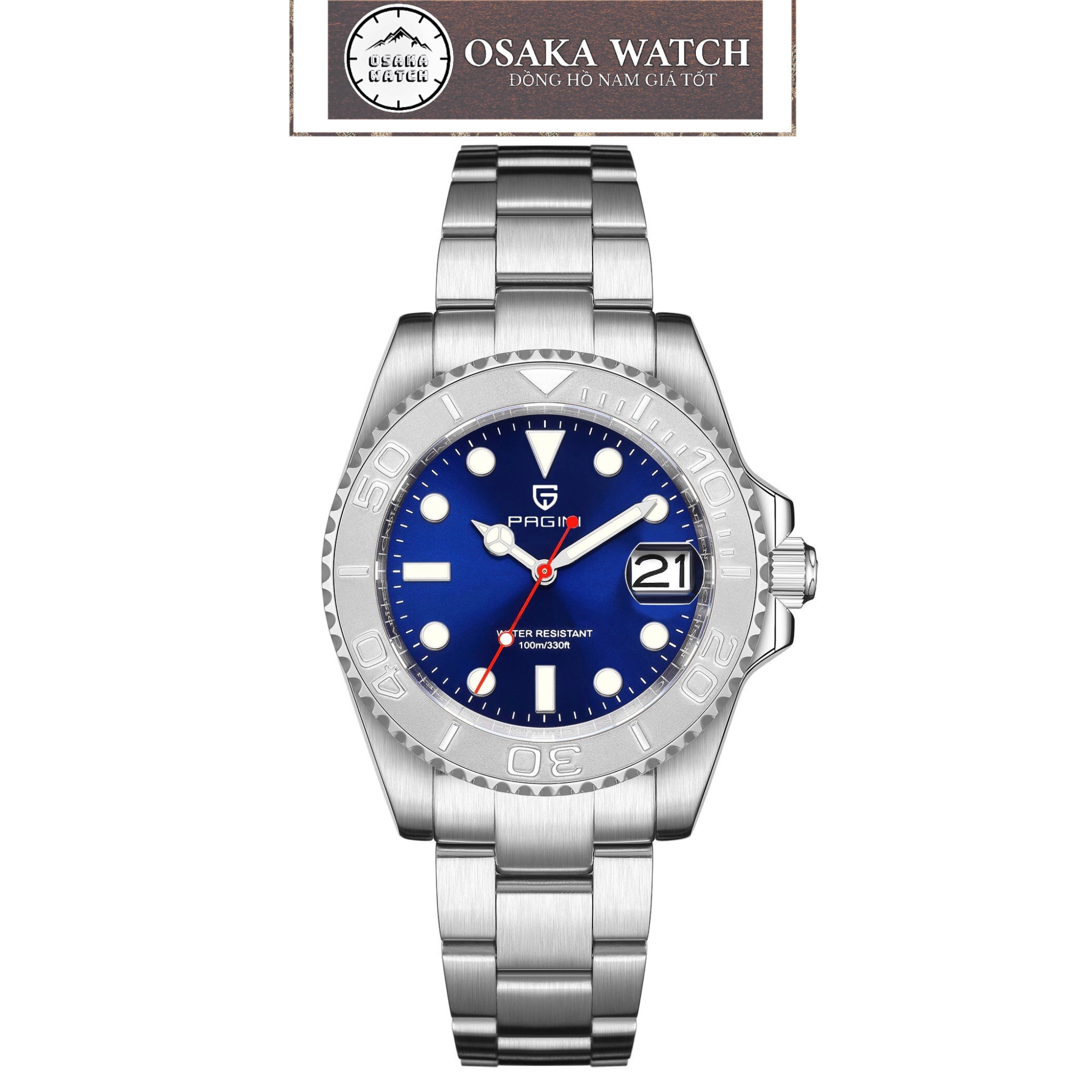   SALE LỖ  Đồng Hồ Nam PAGINI GMT PA8833 Lịch Ngày Dây Thép Không Gỉ Đúc Chính Hãng 