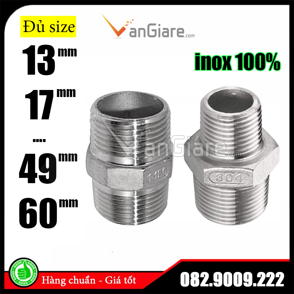 Kép nối 2 đầu ren ngoài inox 304 phi 9.6 13 17 21 27 34 42 49 60