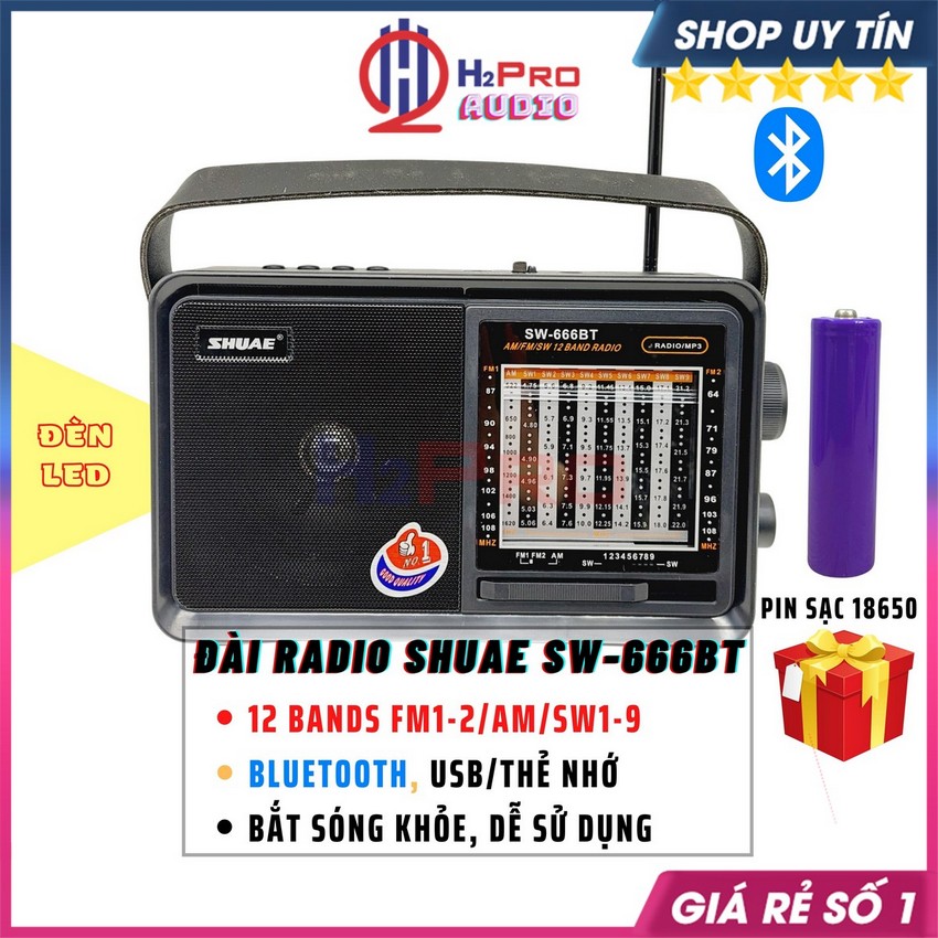 Đài radio đa năng shuae sw-666bt 12band fm/am/sw, bluetooth/usb/thẻ nhớ, đài nghe nhạc cao cấp, tặng pin sạc-h2pro audio