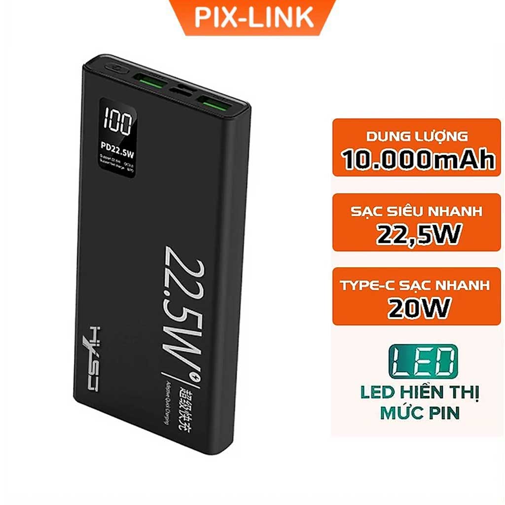 Pin Sạc Dự Phòng 10.000mAh PIXLINK K7 - 2 Cổng sạc siêu nhanh 22.5W, Type-C 20W, Kích Thước Mỏng và Nhẹ