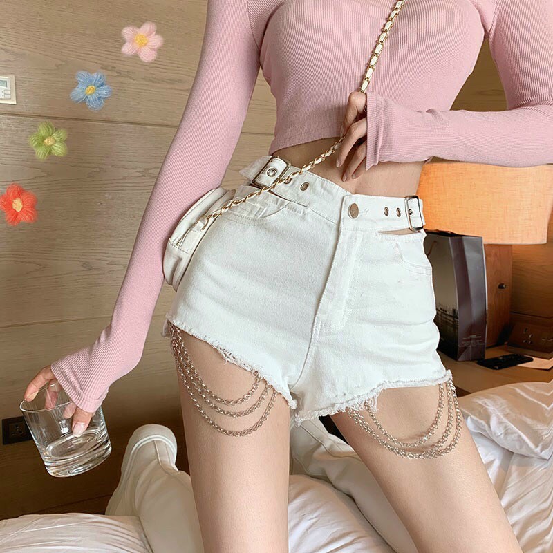 Quần short đùi nữ lưng cao phối dây xích đủ size cho nữ kiểu thời trang