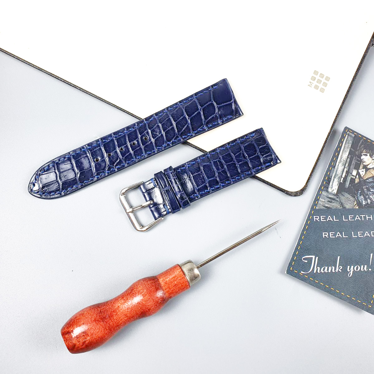 Dây đồng hồ da cá sấu thật may thủ công handmade AL118LD xanh navy -100% da cá sấu thật, BH 3 năm
