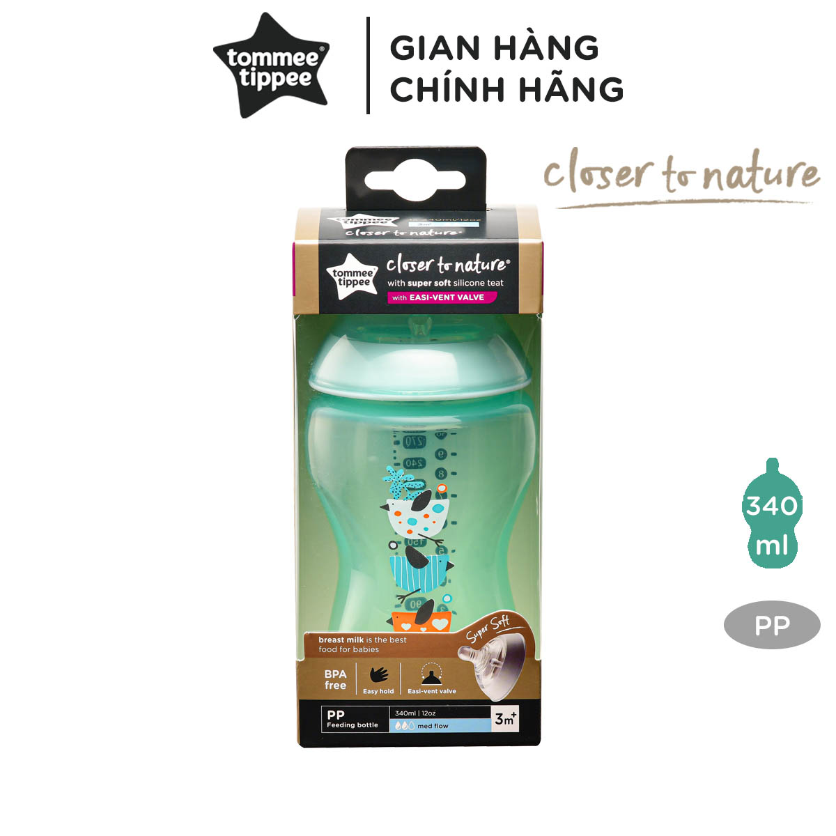 Bình sữa ty siêu mềm tự nhiên Tommee Tippee Closer to Nature 340ml, núm ty đi kèm 3-6 tháng - Xanh Ngọc