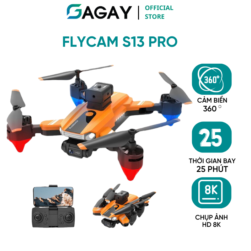 Flycam Mini Drone S13 PRO tránh chướng ngoại vật quang học, camera kép 8K, thời gian bay lâu GAGAY