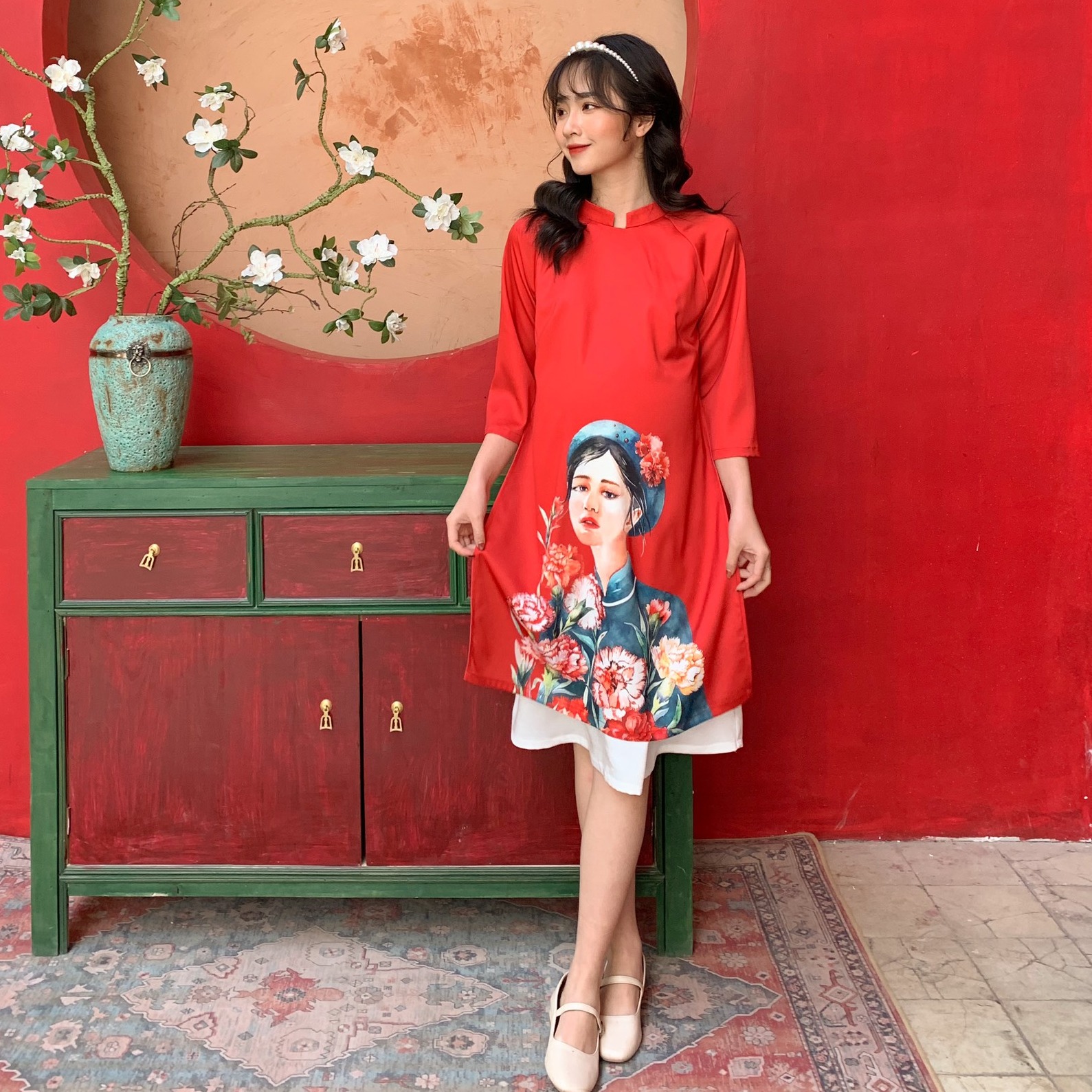 Váy bầu xinh cách tân lụa gân Thượng Hải lót lụa cho mẹ bầu diện tết - Đầm bầu công sở thiết kế Medyla - VS579