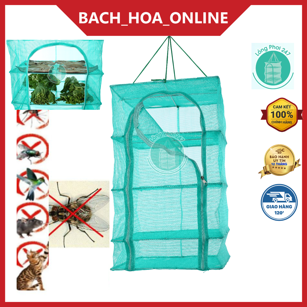 35x35x60cm Túi lưới 4 tầng bằng PE chuyên dụng phơi khô thực phẩm - Hàng Việt Nam Xanh Lá