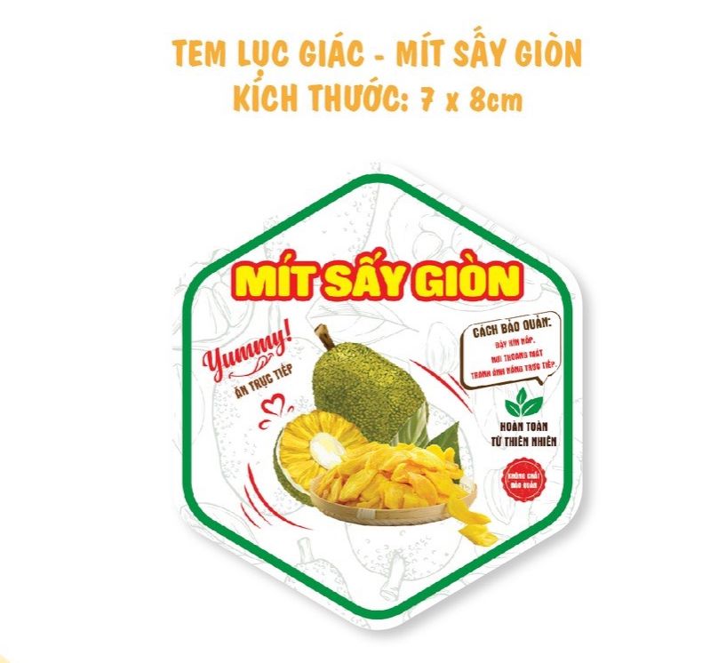 55 tem dán, nhãn dán - lục giác " mít sấy giòn"- cán bóng, dày đẹp 7x8cm