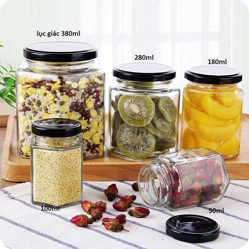 Hủ thủy tinh 500ml lục giác nắp thiếc