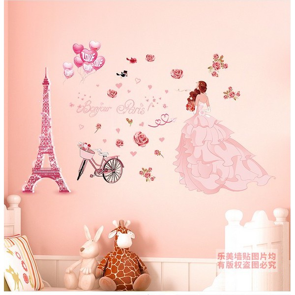 Decal dán tường Cô dâu tranh dán tường cô dâu nước Pháp và hoa hồng phấn